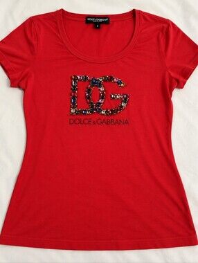 Dolce & Gabbana Red Crystal Jeweled DG Logo T-Shirt Size S
